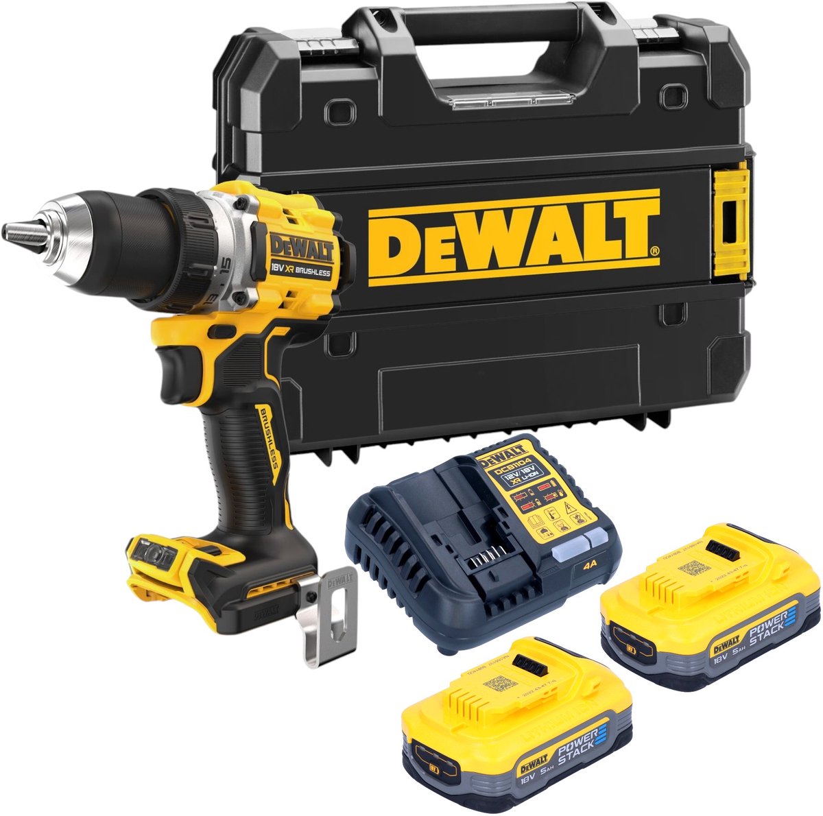 DeWalt DCD 800 H2T accuboormachine 18 V 90 Nm borstelloos + 2x Powerstack accu 5.0 Ah + lader + TSTAK