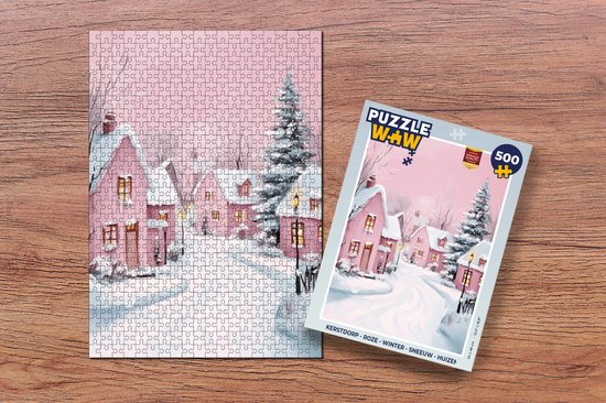 Puzzle Village de Noël - Rose - Hiver - Neige - Maisons - Puzzle - Puzzle 500 pièces - Noël - Cadeau - Cadeau de Noël pour hommes, femmes et enfants - Puzzle de Noël