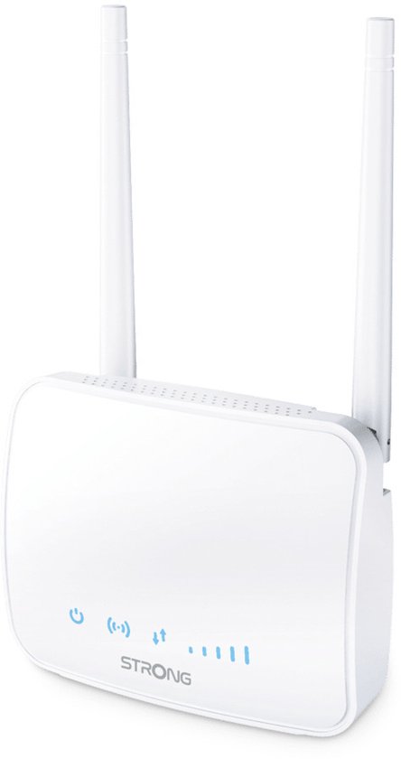 Routeur mobile STRONG blanc avec deux antennes et indicateurs LED bleus pour l'alimentation, le wifi, la force du signal et la connexion de données.