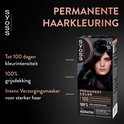 Model met lang, glanzend zwart haar en bruine ogen. Tekst: 'PERMANENTE HAARKLEURING', 'Tot 100 dagen kleurintensiteit', '100% grijsdekking', 'Intens Verzorgingsmasker'.