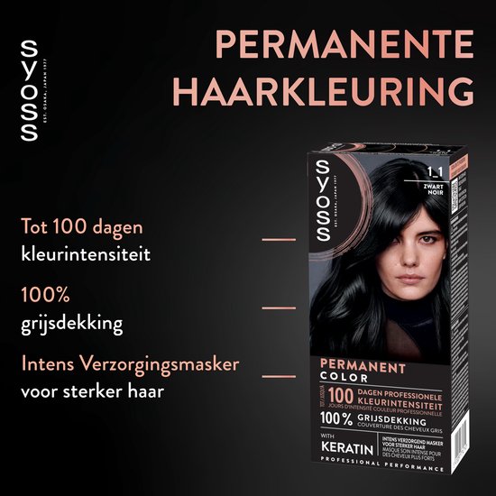 Model met lang, glanzend zwart haar en bruine ogen. Tekst: 'PERMANENTE HAARKLEURING', 'Tot 100 dagen kleurintensiteit', '100% grijsdekking', 'Intens Verzorgingsmasker'.