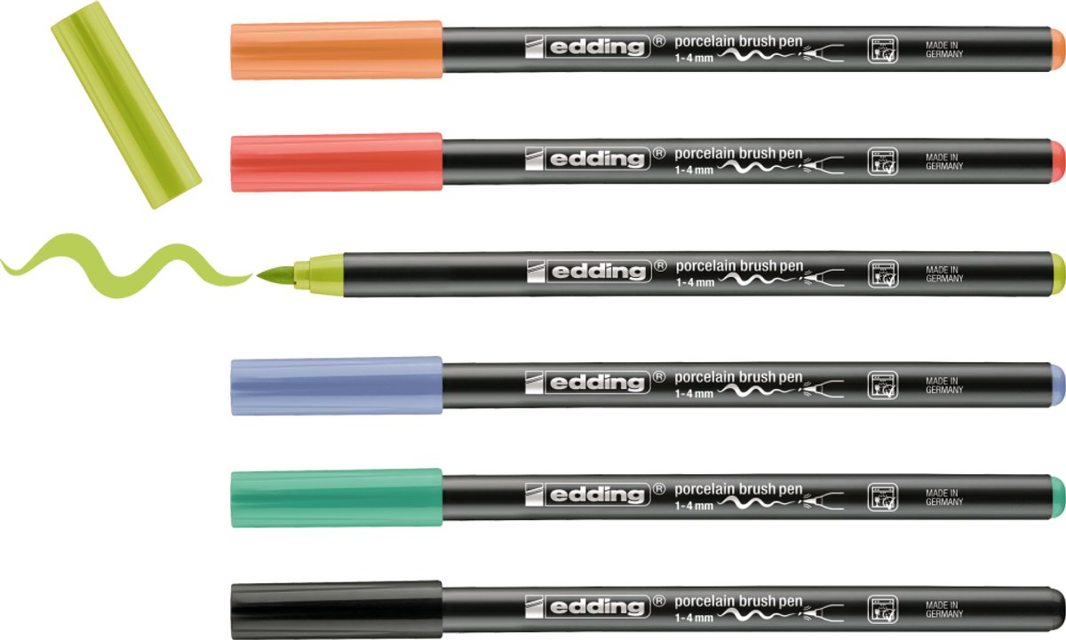 edding 4200 porselein stiften - levendige kleuren set - 6 stiften - flexibele penseelpunt 1-4mm - viltstift voor het schilderen en decoreren van keramiek porselein - vaatwasmachinebestendig, lichtechte inkt, sneldrogend — afbeelding 5