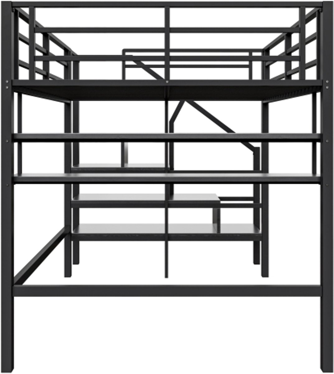Lit Mezzanine 140x200 Cm Avec Rangement - Structure Métallique Noire - Idéal Pour Petits Espaces