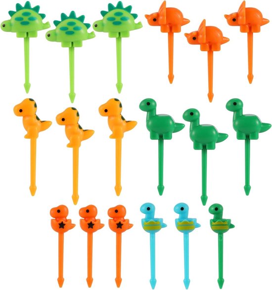 18 stuks fruitvorken voor kinderen, dieren, 3D-dinosaurus, tandenstokers, mini-vorken, fruitvorken, plastic vorken, spiesen, voor lunchbox, feest, middagthee