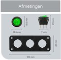 Afmetingen: schakelaar 19.5mm x 29mm, paneel 103mm x 40mm.