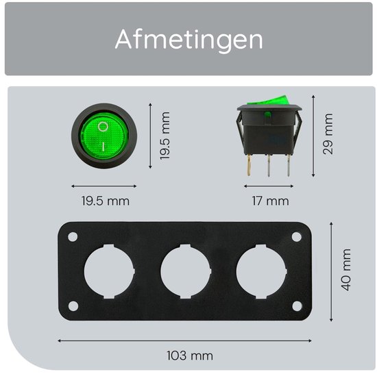 Afmetingen: schakelaar 19.5mm x 29mm, paneel 103mm x 40mm.