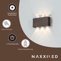 Donkerbruine MAXXILED wandlamp met afmetingen, touch-functie, timer en afstandsbediening.