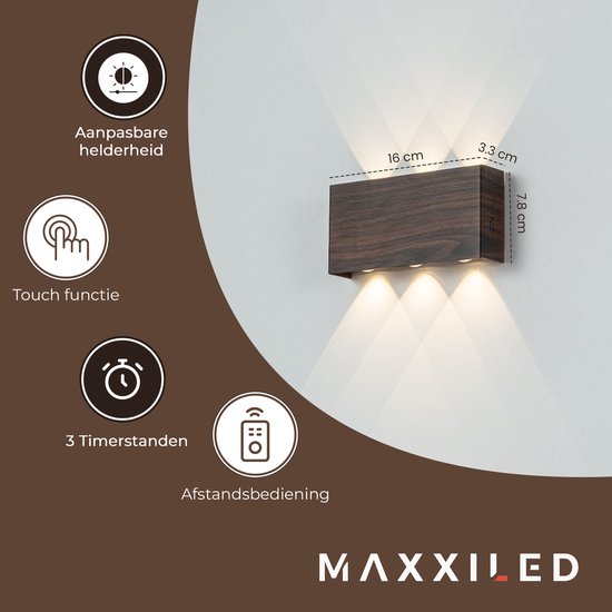 Donkerbruine MAXXILED wandlamp met afmetingen, touch-functie, timer en afstandsbediening.