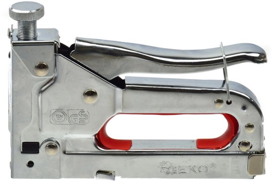 Chrome nietmachine met rode grip en instelschroef, TUV GS keurmerk.