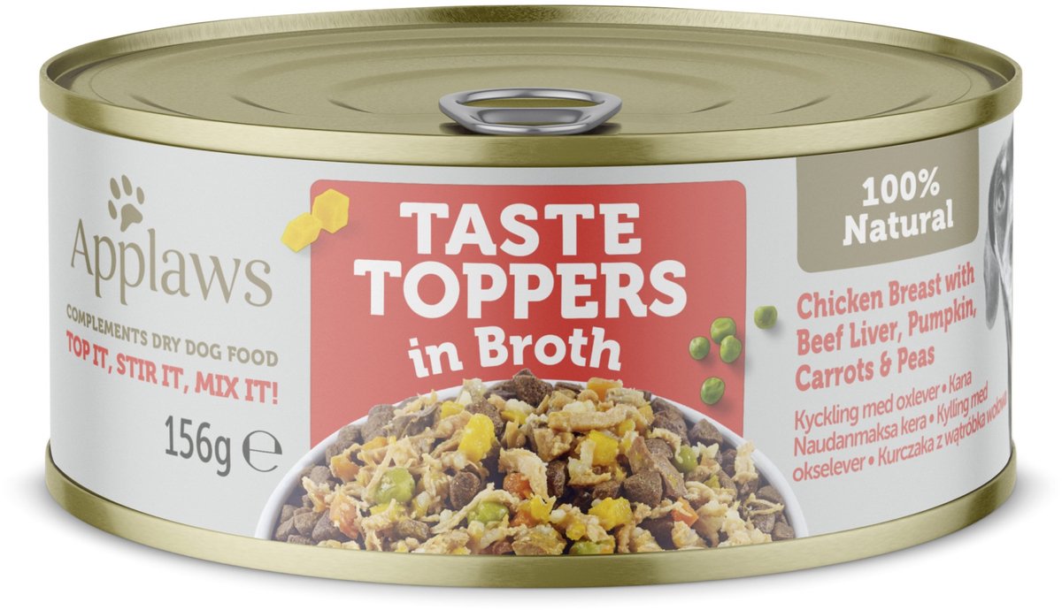 Applaws Dog Taste Toppers Kip met runderlever in bouillon 156 gr. – per 12 stuks Applaws Dog Taste Toppers Kip met runderlever in bouillon 156 gr. – per 12 stuks