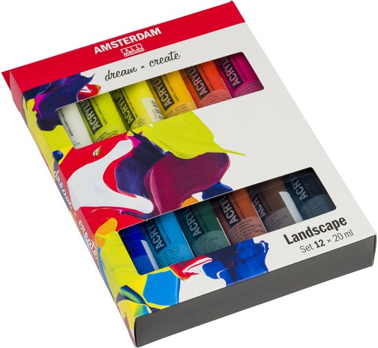 Boîte en carton de 12 tubes de peinture acrylique Amsterdam, avec une illustration joyeuse et colorée d'éclaboussures de peinture.