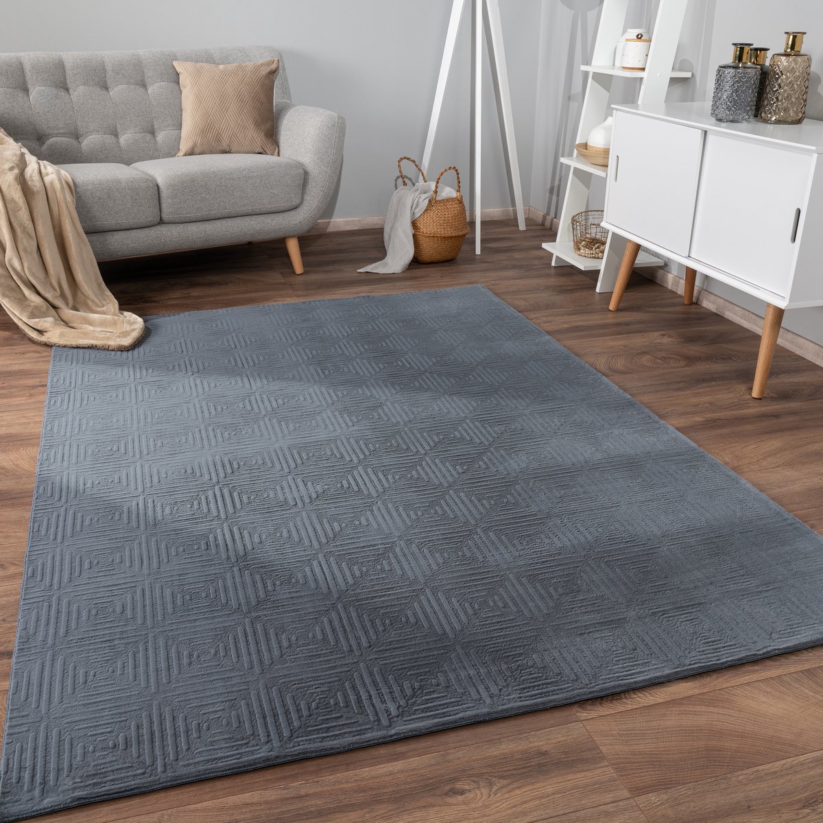 flycarpets Zacht fluffy vloerkleed - Lely Geblokt Antraciet - 120x160 cm - Laagpolig Tapijt Woonkamer / Slaapkamer / Kinderkamer