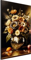 Wanddecoratie Metaal - Aluminium Schilderij Gouden bloemendisco vaas - 60 x 40 cm - Bloemen - Muurdecoratie woonkamer en slaapkamer - Inclusief ophangsysteem - Klassiek - Modern - Displate alternatief