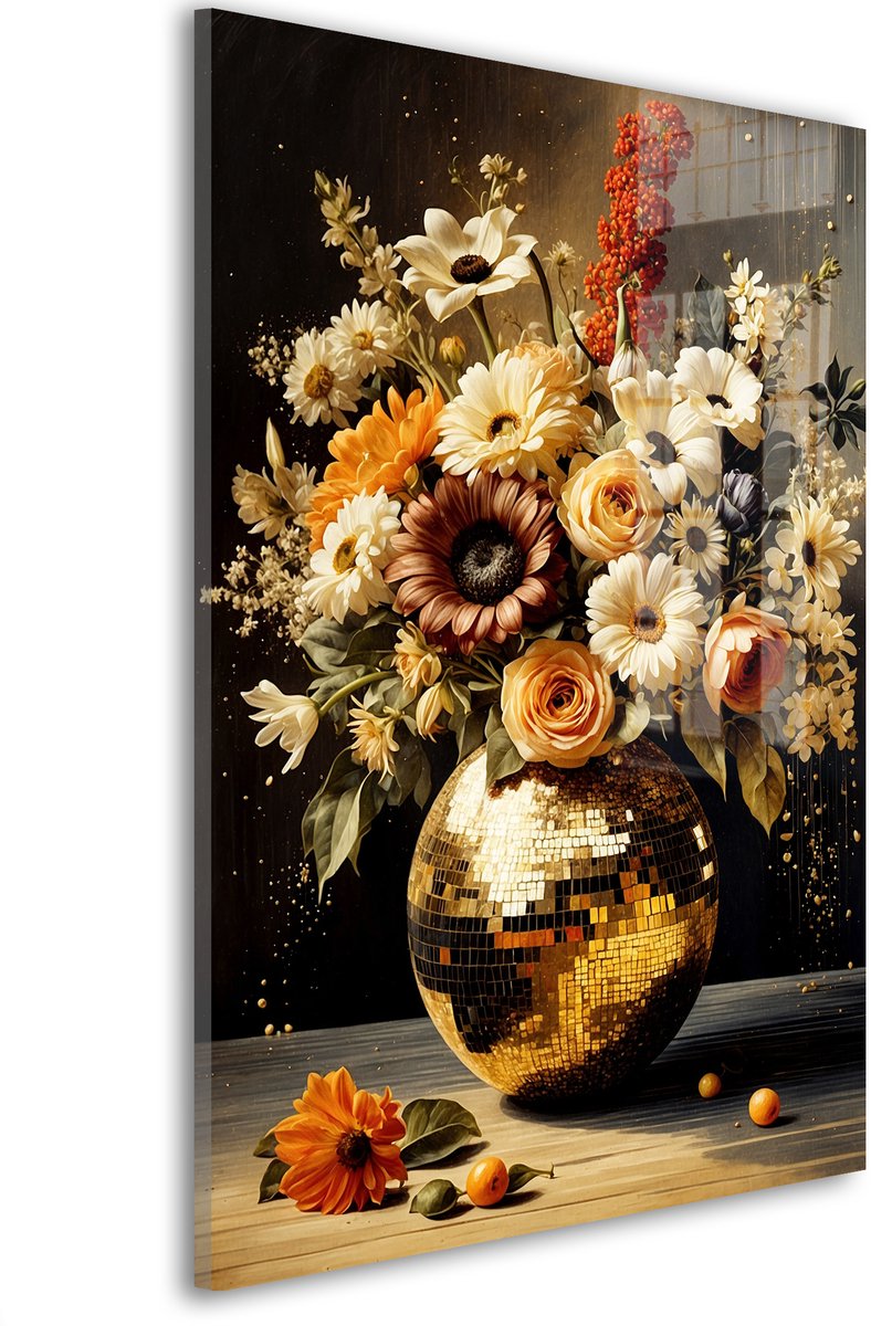 Glasschilderij Gouden bloemendroom - 90 x 60 cm - Bloemstuk - Bloemen en Planten - Acrylaat - Inclusief wandbevestiging - Foto op plexiglas - Wanddecoratie woonkamer – Modern – Klassiek