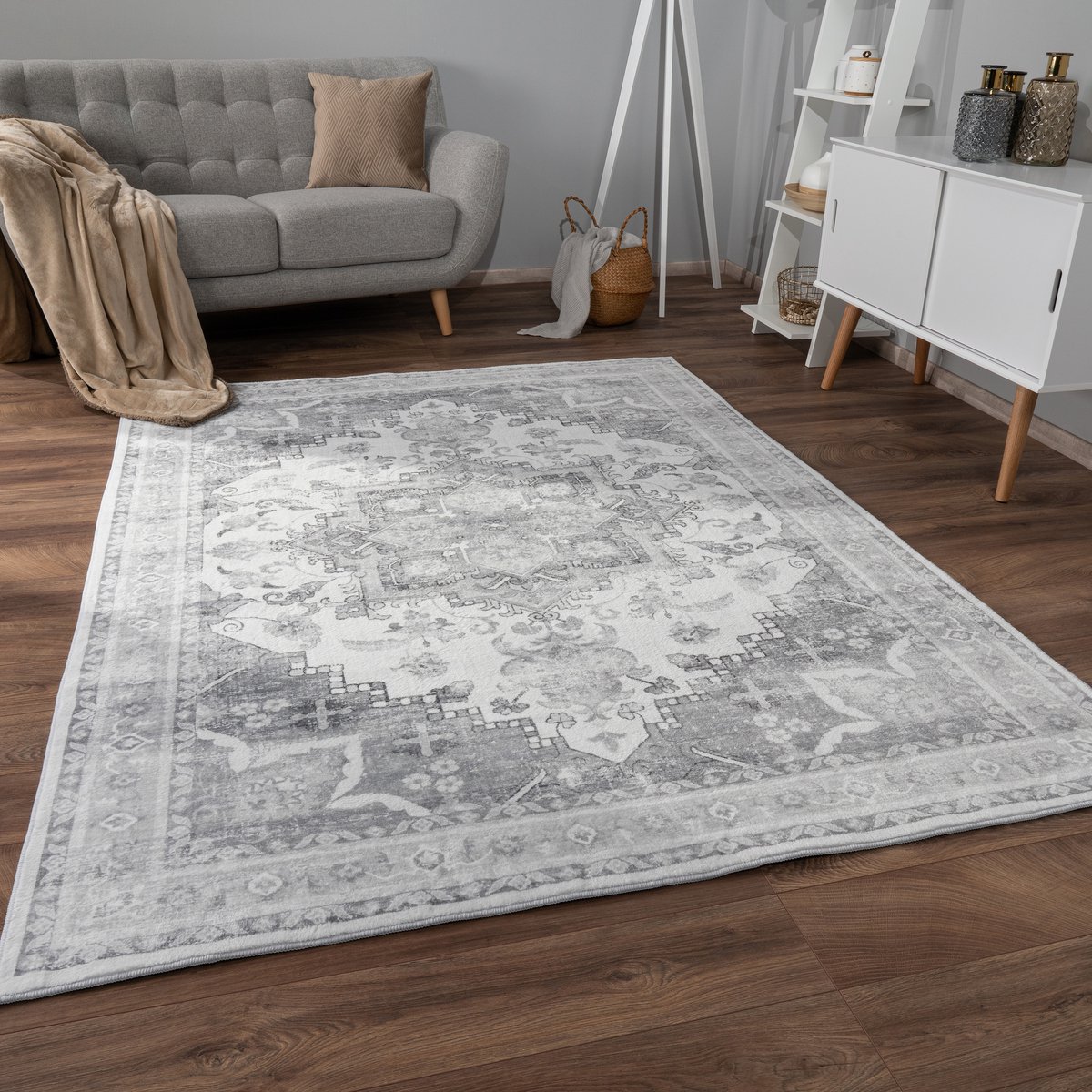 flycarpets Cameris Vintage Vloerkleed Grijs - 80x150 cm - Wasbaar Tapijt - Laagpolig