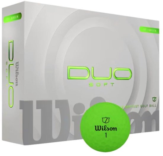 Groene Wilson DUO Soft golfbal naast een verpakking met DUO SOFT logo en de tekst 'WORLD'S SOFTEST GOLF BALL'.