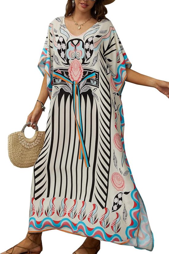 YouKD Bohemian kimono lange mouwen vest strand badpak cover up maxi jurk voor vrouwen, C Beige, Eén maat