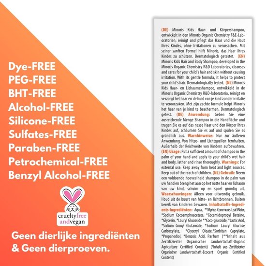 Opsomming van kenmerken zonder kleurstoffen, PEG, BHT, alcohol, siliconen, sulfaten, parabenen, petrochemicaliën en benzylalcohol. "Geen dierlijke ingrediënten & Geen dierproeven" staat op de afbeelding.
