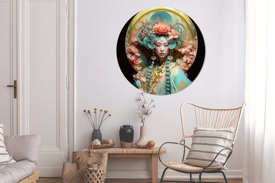 WallCircle - Cercle mural - Cercle mural - Femme - Fleurs - Rose - Portrait - Asiatique - Aluminium - Dibond - 120x120 cm - Intérieur et Extérieur XXL
