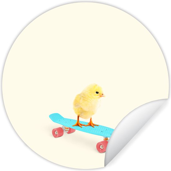 WallCircle - Stickers muraux - Cercle Papier Peint - Poussin - Jaune - Skateboard - Blauw - Animaux - 140x140 cm - Cercle Mural - Auto Adhésif - Sticker Papier Peint Rond