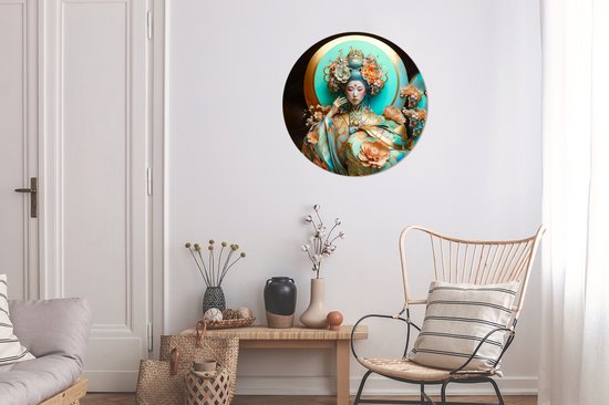 WallCircle - Wall Circle - Wall Circle Indoor - Femme - Kimono - Fleurs - Goud - Portrait - 60x60 cm - Décoration murale - Peintures Ronds