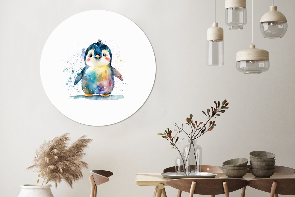 WallCircle - Wandcirkel - Muurcirkel - Pinguïn - Regenboog - Waterverf - Dieren - Kinderen - Aluminium - Dibond - 140x140 cm - Binnen en Buiten