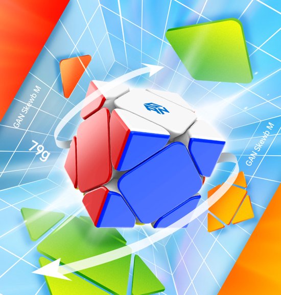 GAN Skewb M, rode, witte en blauwe stukken. Drijvende groene, oranje en gele vormen.