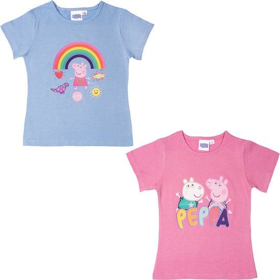 Peppa Pig Shirt - Set van 2 stuks - Blauw/Roze - Maat 98/104