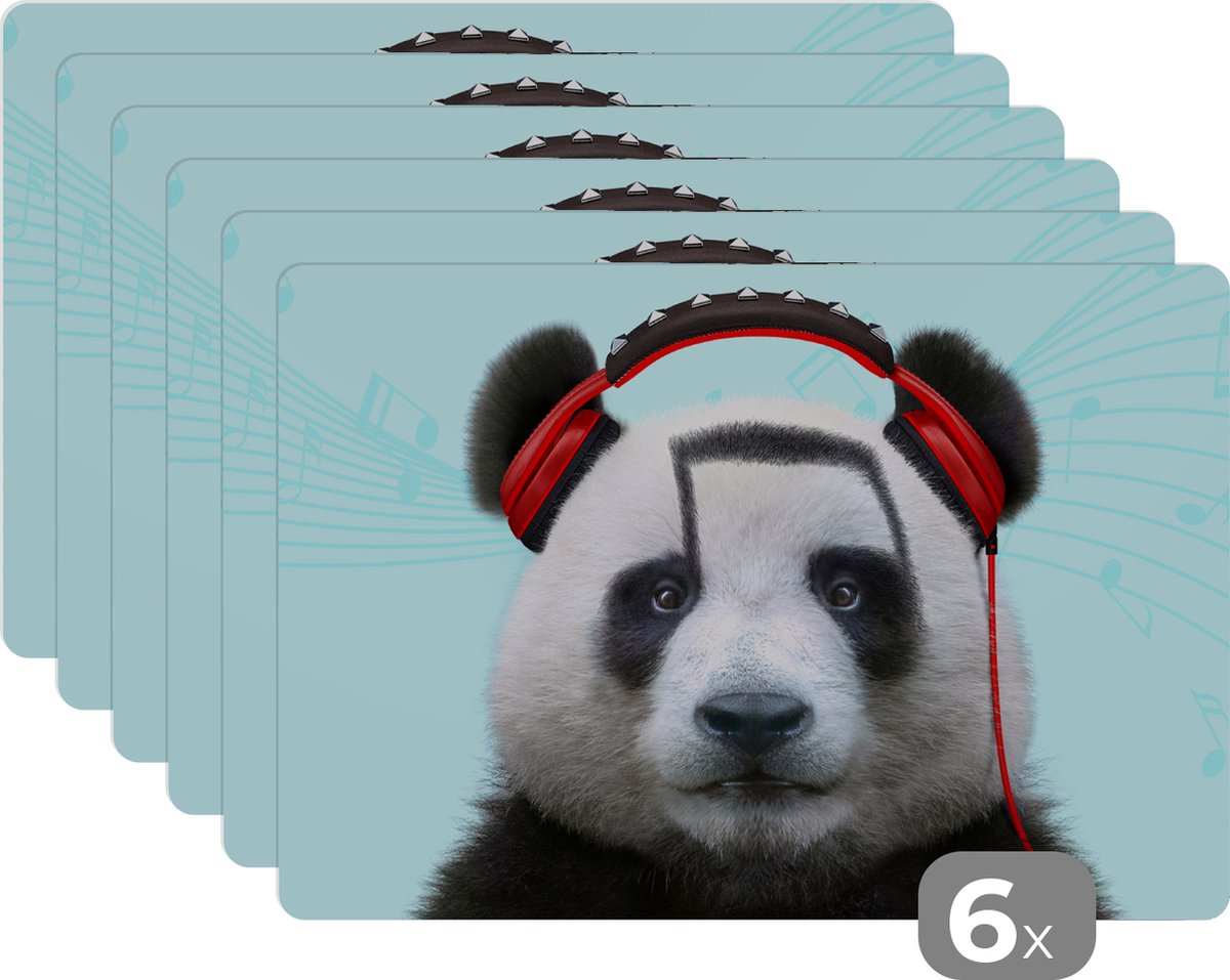Placemat - Placemats kunststof - Panda - Koptelefoon - Dier - Muzieknoten - Rood - 45x30 cm - 6 stuks - Hittebestendig - Anti-Slip - Onderlegger - Afneembaar