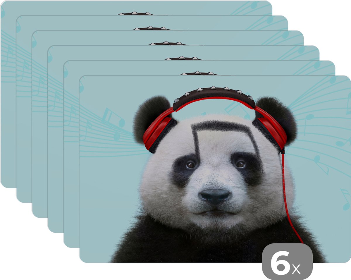 Placemat - Placemats kunststof - Panda - Koptelefoon - Dier - Muzieknoten - Rood - 45x30 cm - 6 stuks - Hittebestendig - Anti-Slip - Onderlegger - Afneembaar
