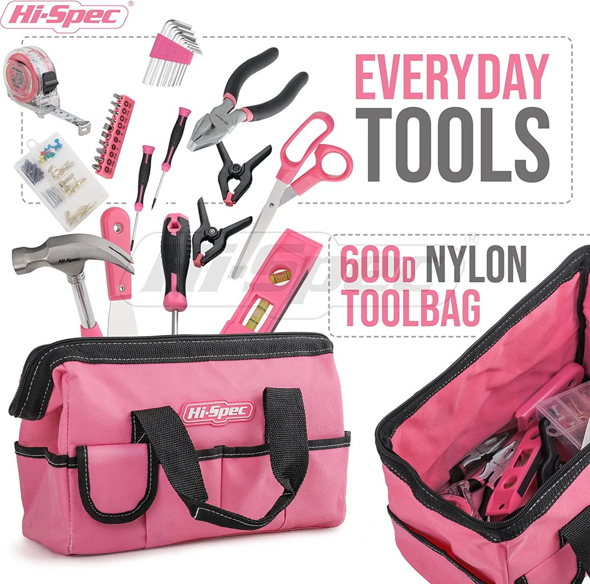 Hi-Spec Boîte à Outils 42 Pièces Rose - Kit d'Outils Essentiels avec Coffret Portable - Marteau