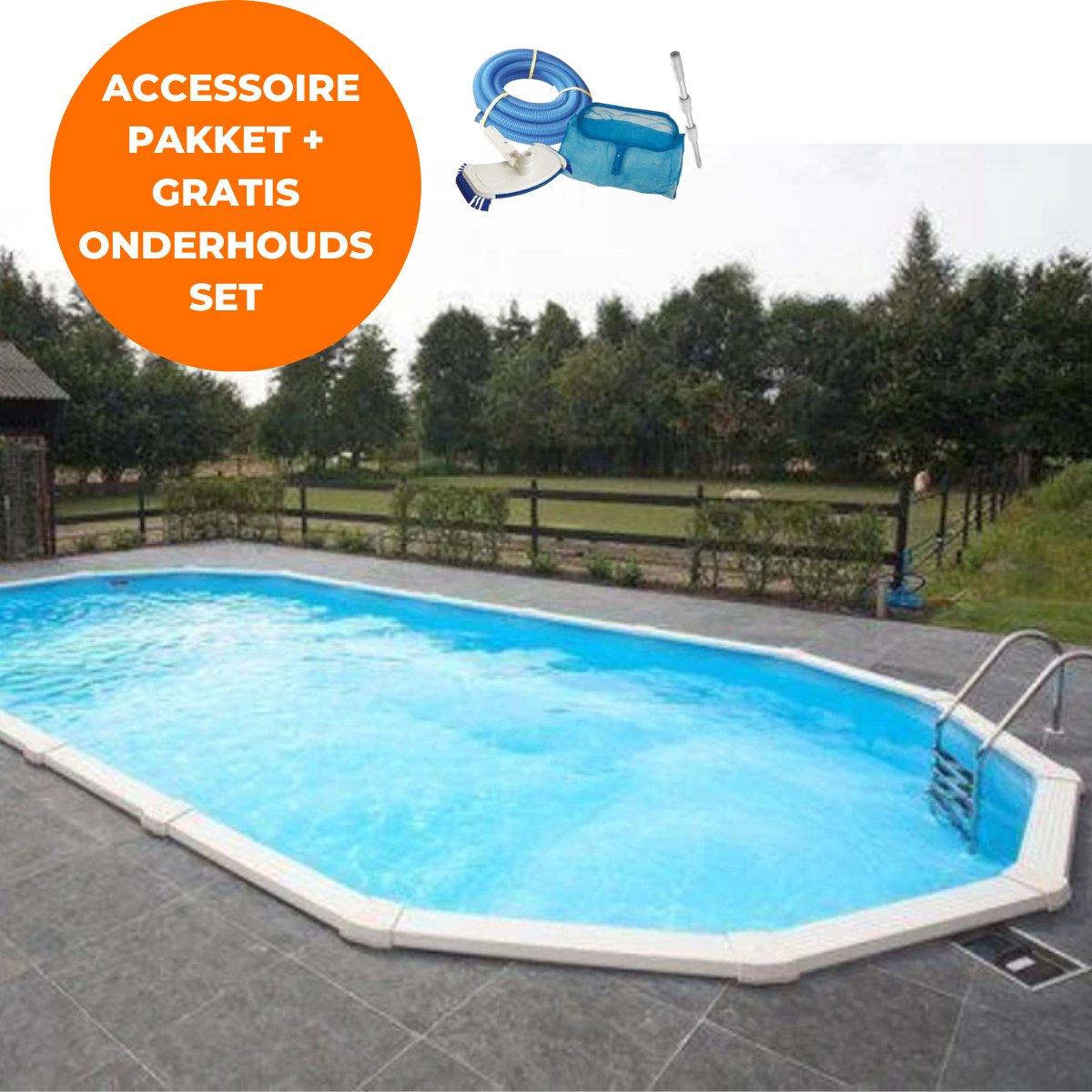 Interline zwembad Diana 7,30 x 3,60m ovaal - Metaalwand zwembad - Op- en inbouw - Inclusief filterset - Inclusief zwembadtrap - Gratis onderhoudsset