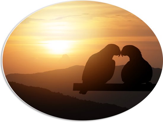 PVC Schuimplaat Ovaal - Silhouet van Verliefd Duivenkoppel tijdens Zonsondergang - 56x42 cm Foto op Ovaal (Met Ophangsysteem)