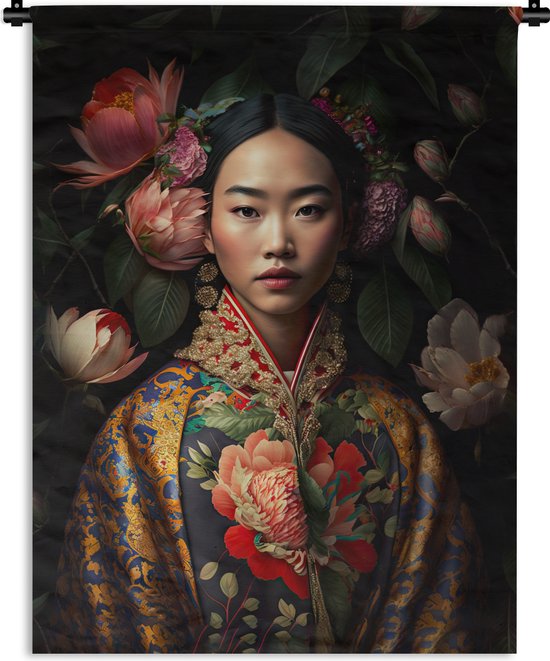 Wandkleed - Wanddoek - Vrouw - Asian - Kimono - Bloemen - Portret - 60x80 cm - Wandtapijt
