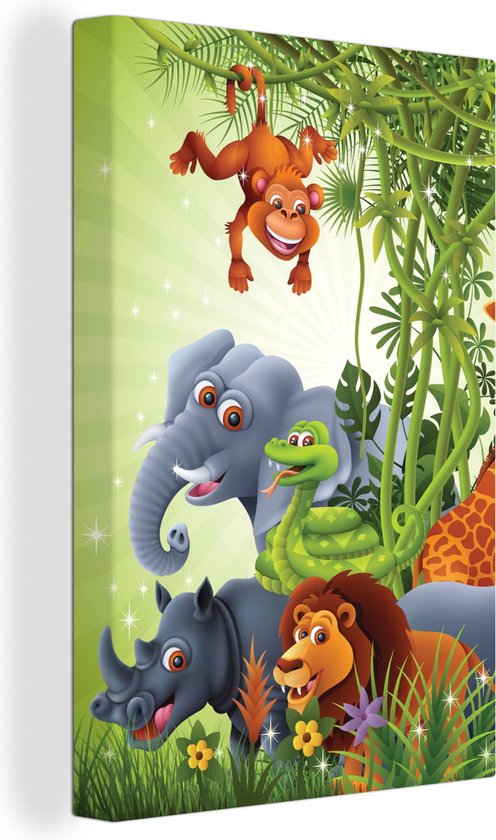 Canvas Schilderij Jungle dieren - Planten - Kinderen - Olifant - Giraf - Leeuw - 60x90 cm - Wanddecoratie