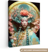 Canvas Schilderij Vrouw - Bloemen - Roze - Portret - Aziatisch - 90x120 cm - Wanddecoratie