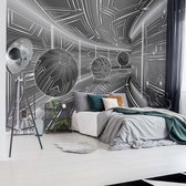 Fotobehang Modern 3D Tech Tunnel Grey | VEA - 206cm x 275cm | 130gr/m2 Vlies