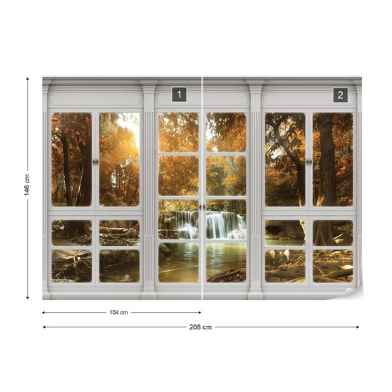 Fotobehang - Vlies Behang - 3D - Uitzicht Op De Waterval Aan Het Meer Vanuit Het Raam 368 X 254 Cm