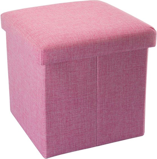 Intirilife Pouf Pliable 30 x 30 x 30 cm en Rose Cerise - Boîte de Rangement Cube Boîte de Rangement Aspect Lin avec Couvercle - Pouf Pouf Fauteuil