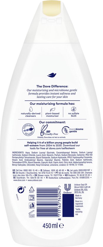Achterkant Dove Nourishing Silk body wash fles, 450ml. Met ingrediënten en uitleg over het product.