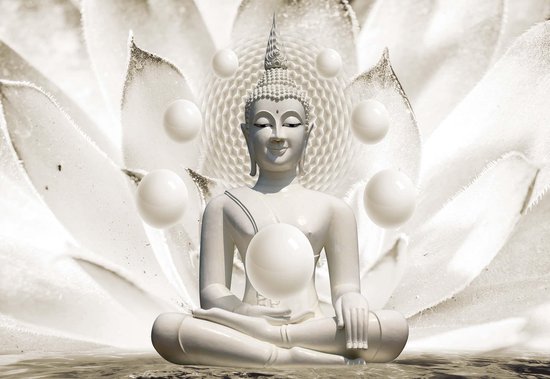 Bouddha assis en méditation, entouré de sphères blanches et d'une grande fleur de lotus blanche.