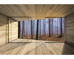 Fotobehang Window Forest Trees Fog Leaves Nature | XL - 208cm x 146cm | 130g/m2 Vlies