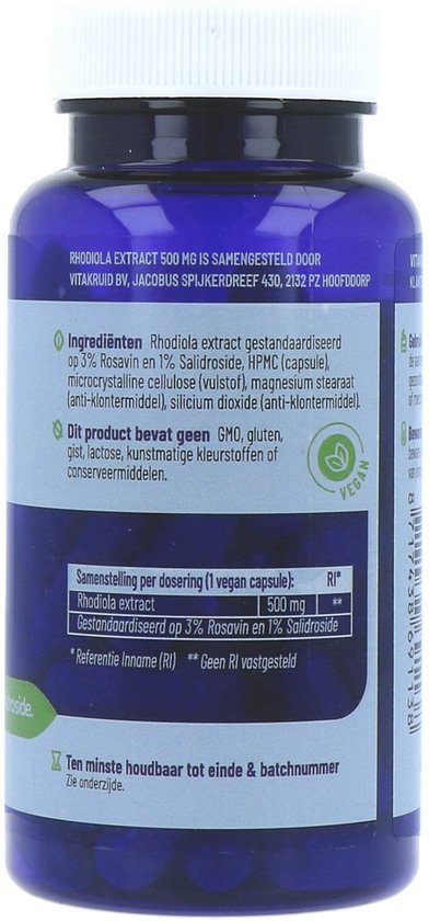 Blauwe pot met witte dop. Etiket vermeldt 'Rhodiola Extract 500 mg' met ingrediënten en 'VEGAN'.
