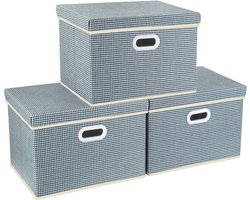 Opvouwbare opbergdozen met deksel, grote opbergdozen voor kledingkast, kinderkamer, kist met deksel voor het organiseren van huis en kantoor, 3 stuks, blauw
