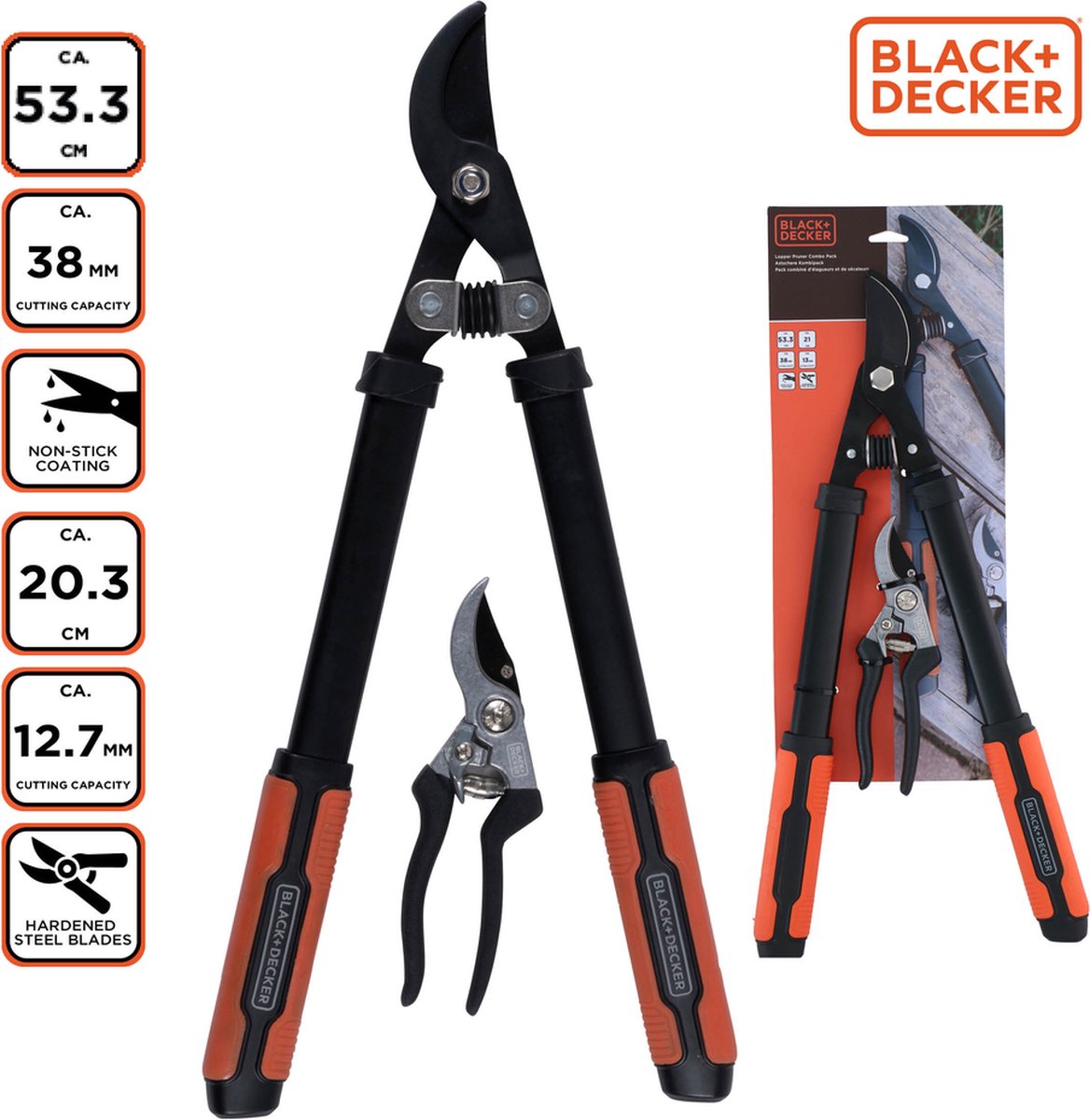 BLACK+DECKER Snoeigereedschap - 2 Stuks - Takkenschaar 53,3 CM - Snoeischaar 20,3 CM - Zwart/ Oranje