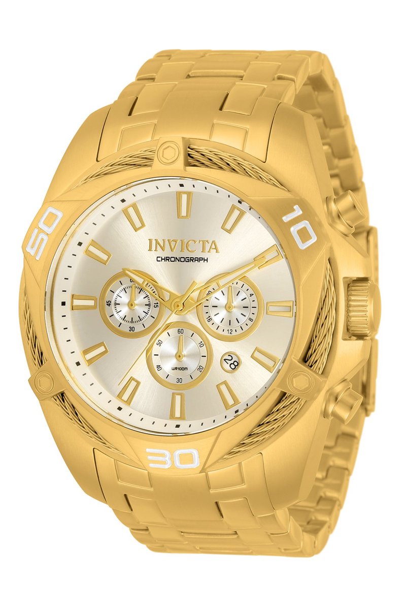 Invicta Bolt 34123 Heren Horloge - Waterdicht - Analoog - Quartz Uurwerk - Roestvrij Staal met gouden Wijzerplaat -50mm