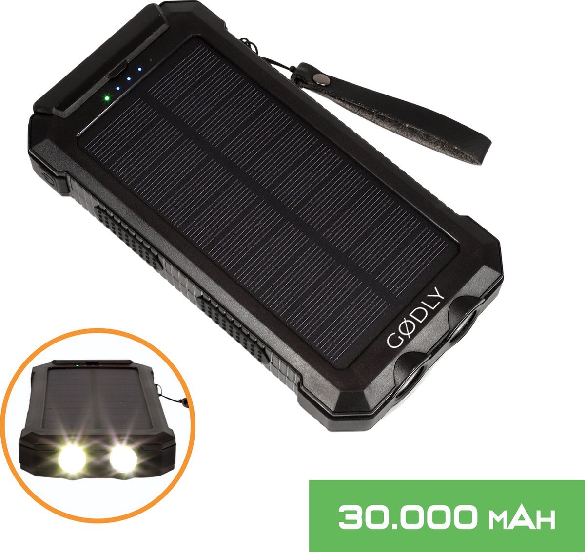 GØDLY® - Solar Powerbank - Solar Charger - Powerbank Zonneenergie - 30000 mAh - 5 poorten - 2023 Model - Geschikt voor iPhone, Samsung en meer - 12 Maanden Garantie