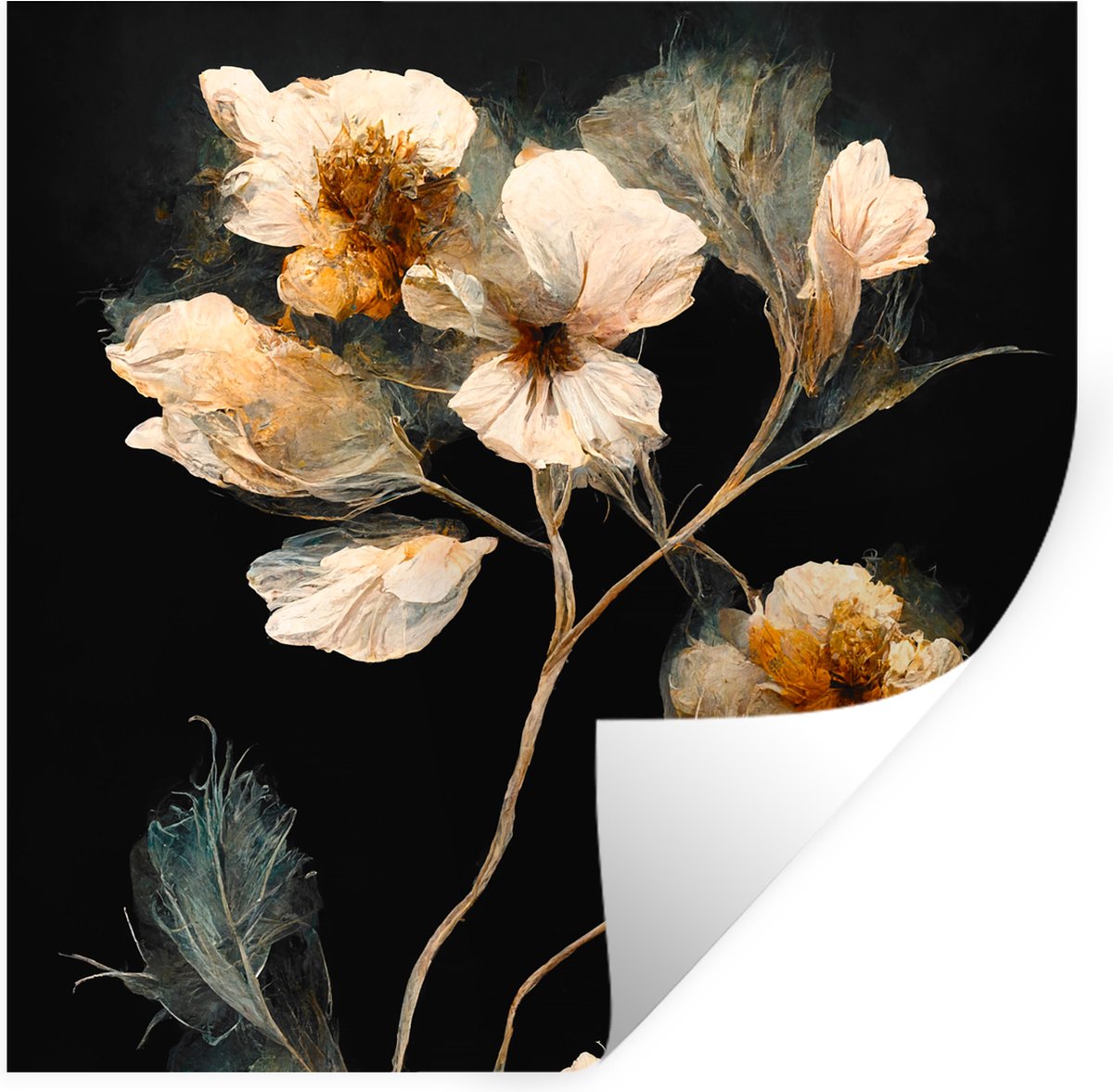 Muurstickers - Sticker Folie - Bloemen - Zwart - Planten - Vintage - 120x120 cm - Plakfoli