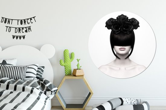 WallCircle - Stickers muraux muraux - Cercle de papier peint - Portrait - Femme - Roses - Abstrait - Zwart et blanc - ⌀ 140 cm - Cercle mural - Autocollant - Autocollant de papier peint rond