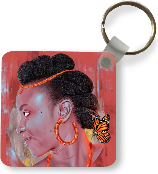 Sleutelhanger - Uitdeelcadeautjes - Vintage - Vrouw - Portret - Vlinder - Rood - Plastic
